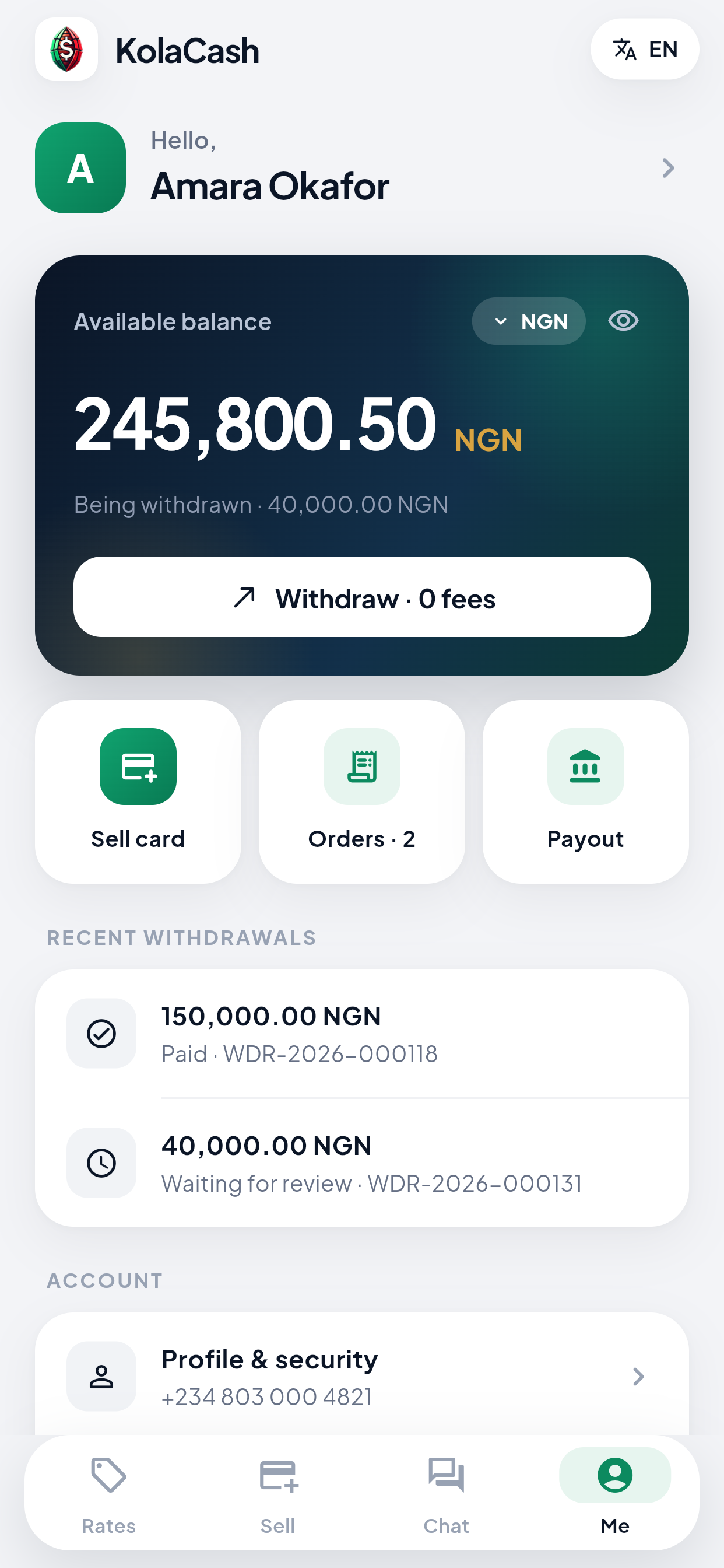 KolaCash Account interface example with wallet and order shortcuts